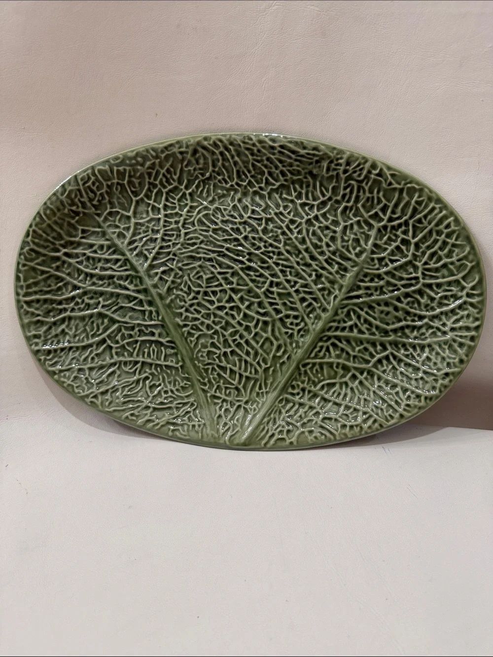 IKEA Sweden Olive Green Cabbage Leaf Ceramic Platter 14 1/2 In X 9 3/4 In